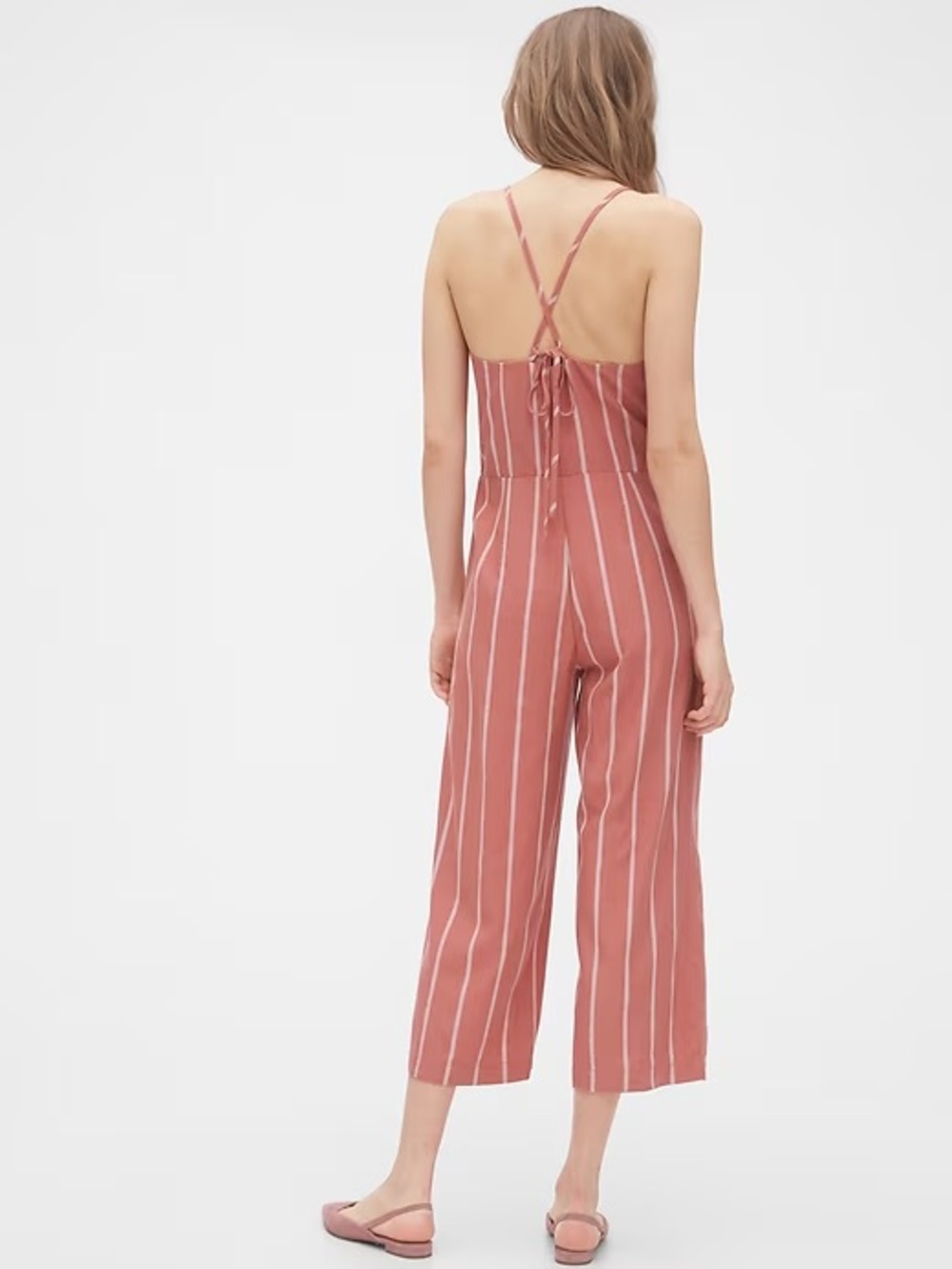 GAP Tie-Back Cami Cropped Jumpsuit Romper Pink White Stripe Size 2 - Picture 3 of 8